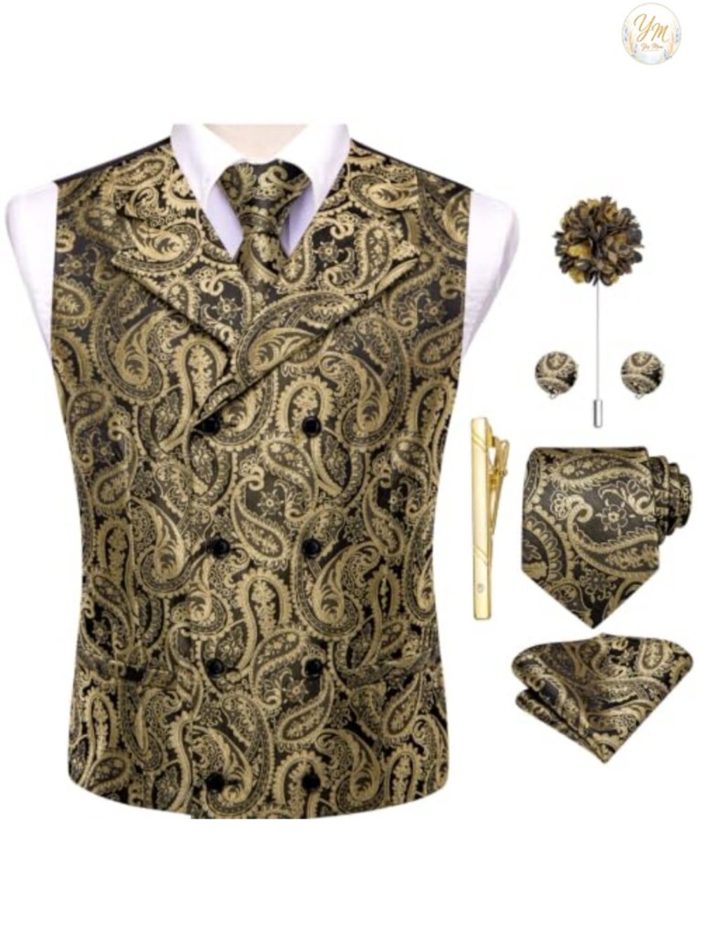 Mens Double Breasted Suit Vest Tie Set 6PCS Paisley Wedding Party